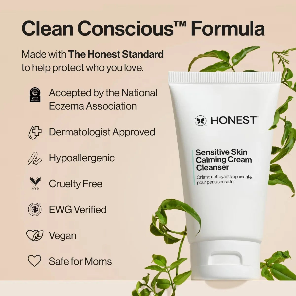 Honest Beauty Sensitive Skin Calming Cream Cleanser with Hyaluronic and Amino Acids - 4 fl oz
