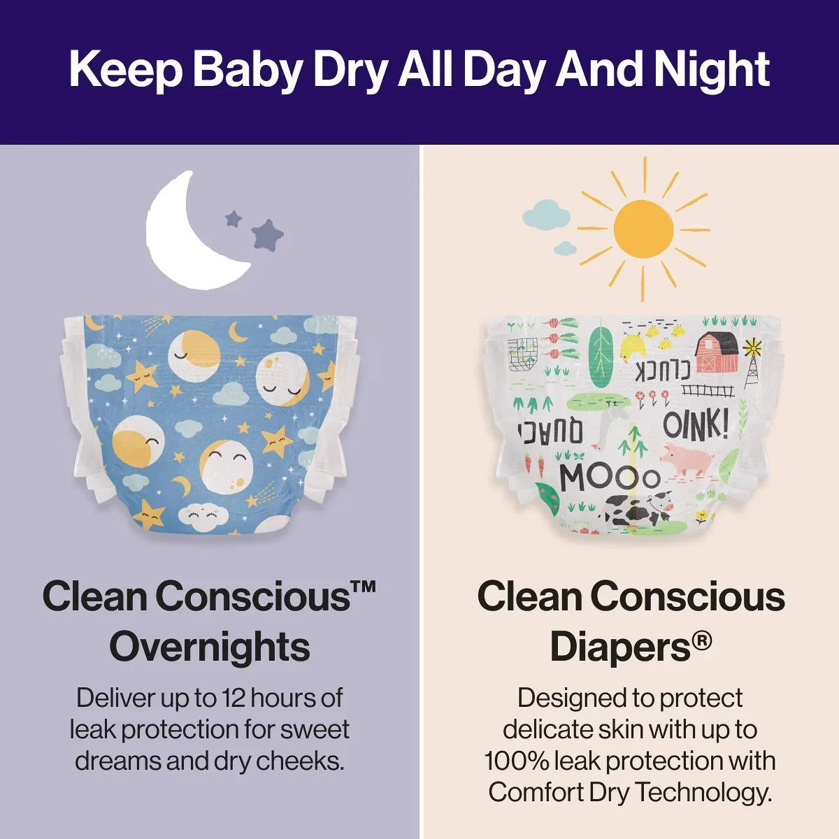 The Honest Company Clean Conscious Disposable Overnight Diapers Cozy Cloud + Star Signs  - (Select Size and Pattern)