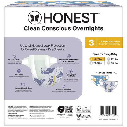 The Honest Company Clean Conscious Disposable Overnight Diapers Cozy Cloud + Star Signs  - (Select Size and Pattern)
