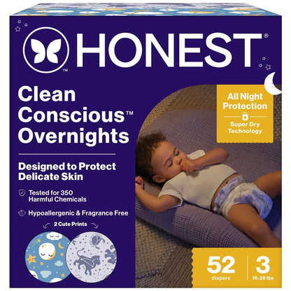 The Honest Company Clean Conscious Disposable Overnight Diapers Cozy Cloud + Star Signs  - (Select Size and Pattern)