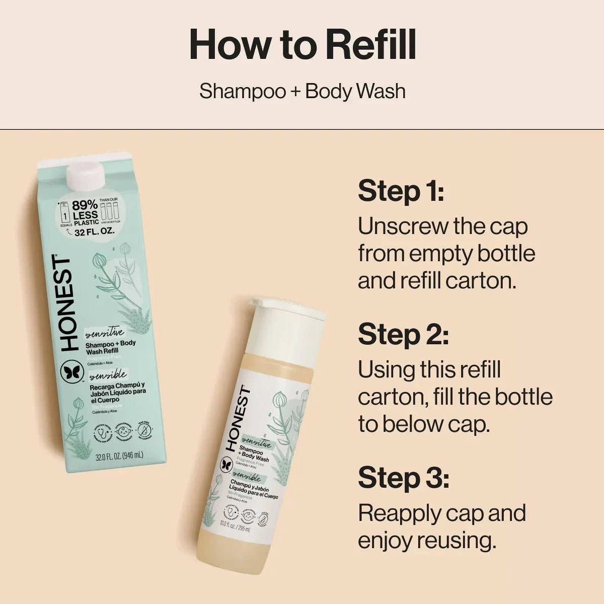 The Honest Company Sensitive Shampoo + Body Wash Refill - Fragrance Free - 32 fl oz: Basic Cleansing, All Hair Types, 2-In-1 Liquid
