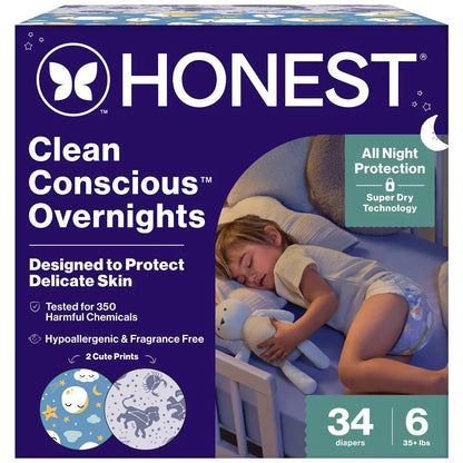 The Honest Company Clean Conscious Disposable Overnight Diapers Cozy Cloud + Star Signs  - (Select Size and Pattern)