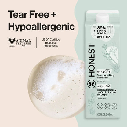 The Honest Company Sensitive Shampoo + Body Wash Refill - Fragrance Free - 32 fl oz: Basic Cleansing, All Hair Types, 2-In-1 Liquid