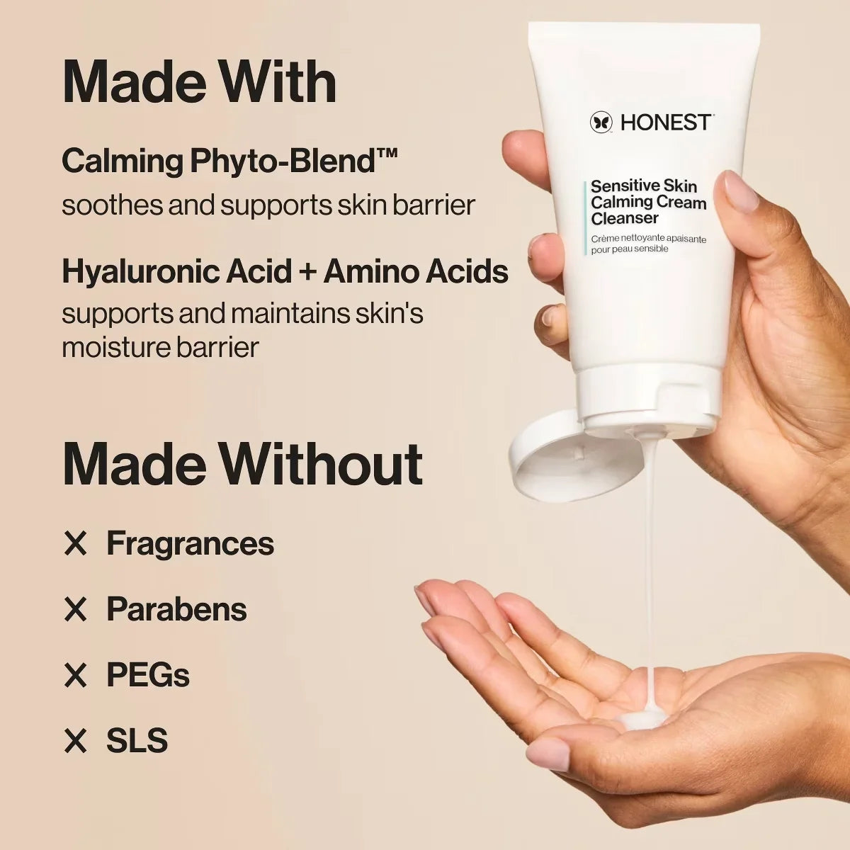 Honest Beauty Sensitive Skin Calming Cream Cleanser with Hyaluronic and Amino Acids - 4 fl oz