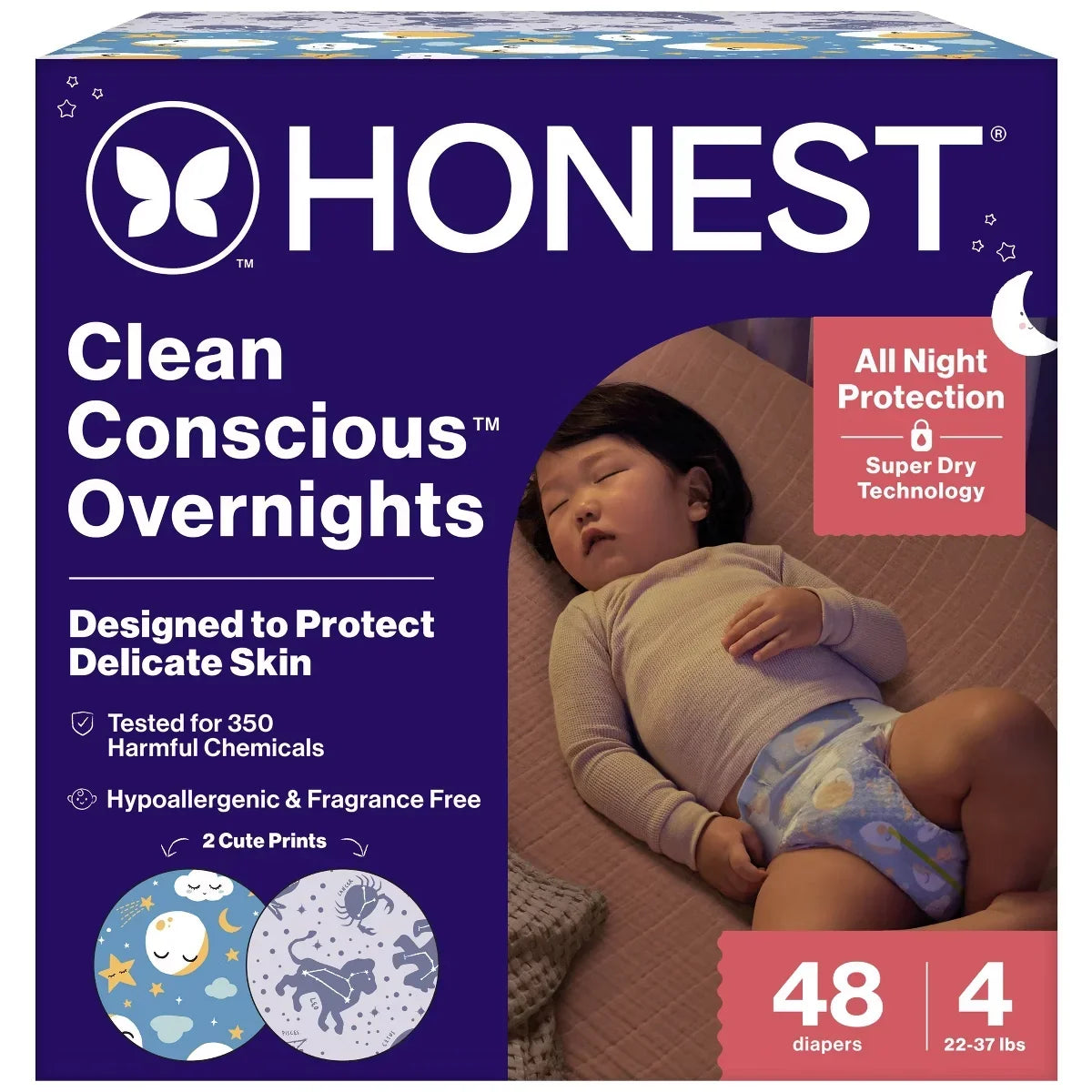 The Honest Company Clean Conscious Disposable Overnight Diapers Cozy Cloud + Star Signs  - (Select Size and Pattern)